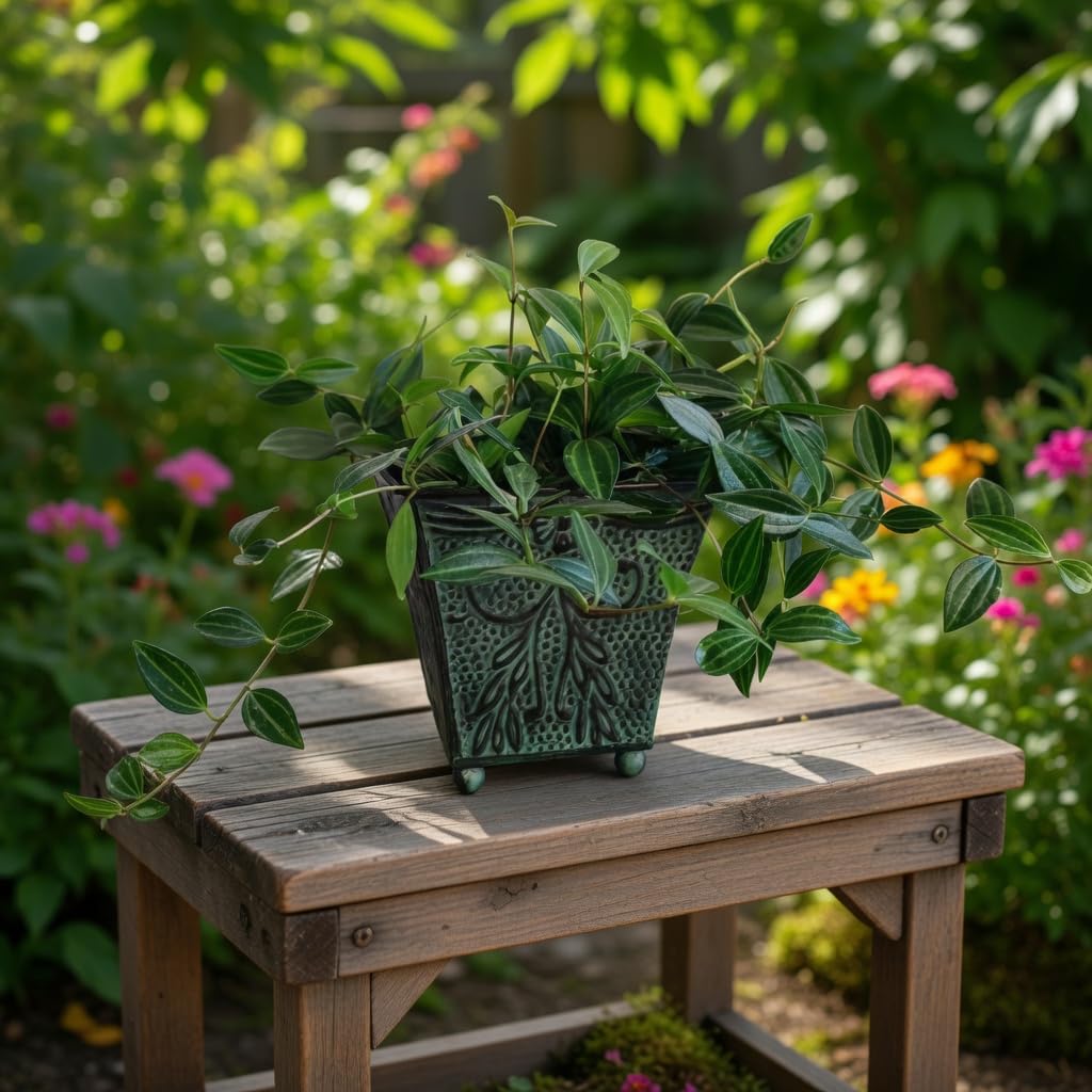 Hosley Set of 4 Green Patina Embossed Metal Planters with Ornate Floral Design, 5.25" L x 5.25" W x 5" H – Ideal for Floral Arrangements, Home Décor, Garden Accents, Rustic Weddings.