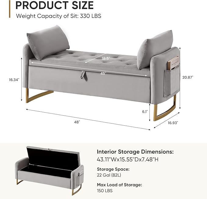 48" End of Bed Bench, Modern Storage Benches
