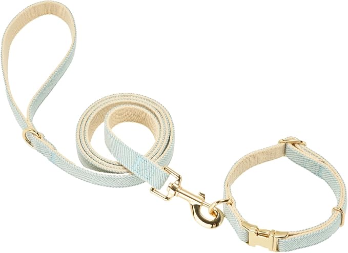 Luxury Soft Cotton Tweed Fabric Dog Collar & Leash Set with Gold Buckle – Durable Fabric, Stylish Design for Everyday Walks(Small LtBlue)