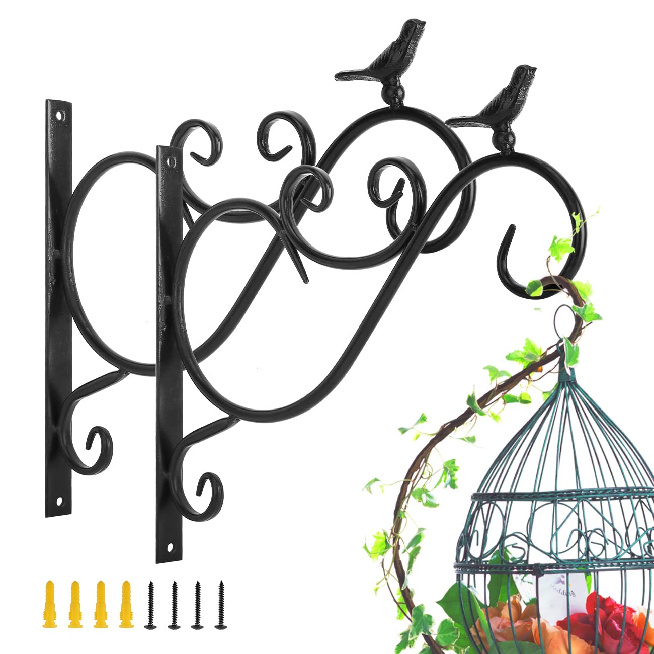 Lewondr Wall Hanging Plant Bracket, 2 Pack 12-inch Retro Iron Shepard Hook for Flower Bird Feeder Planter Indoor Outdoor, Bird 01 - Spray Paint Black