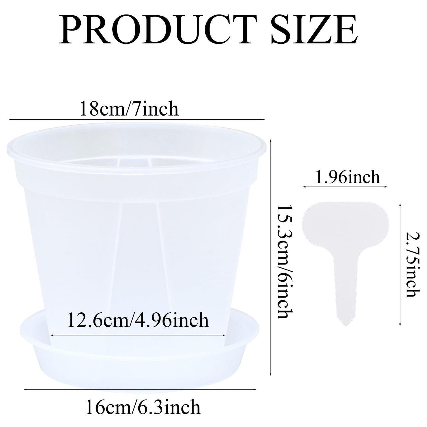 AUGXIXI 5 Set 7 Inch Transparent Plastic Garden Pots with Saucer - Planter with Drainage Hole for Indoor and Outdoor Plants - Includes 10 Plant Labels