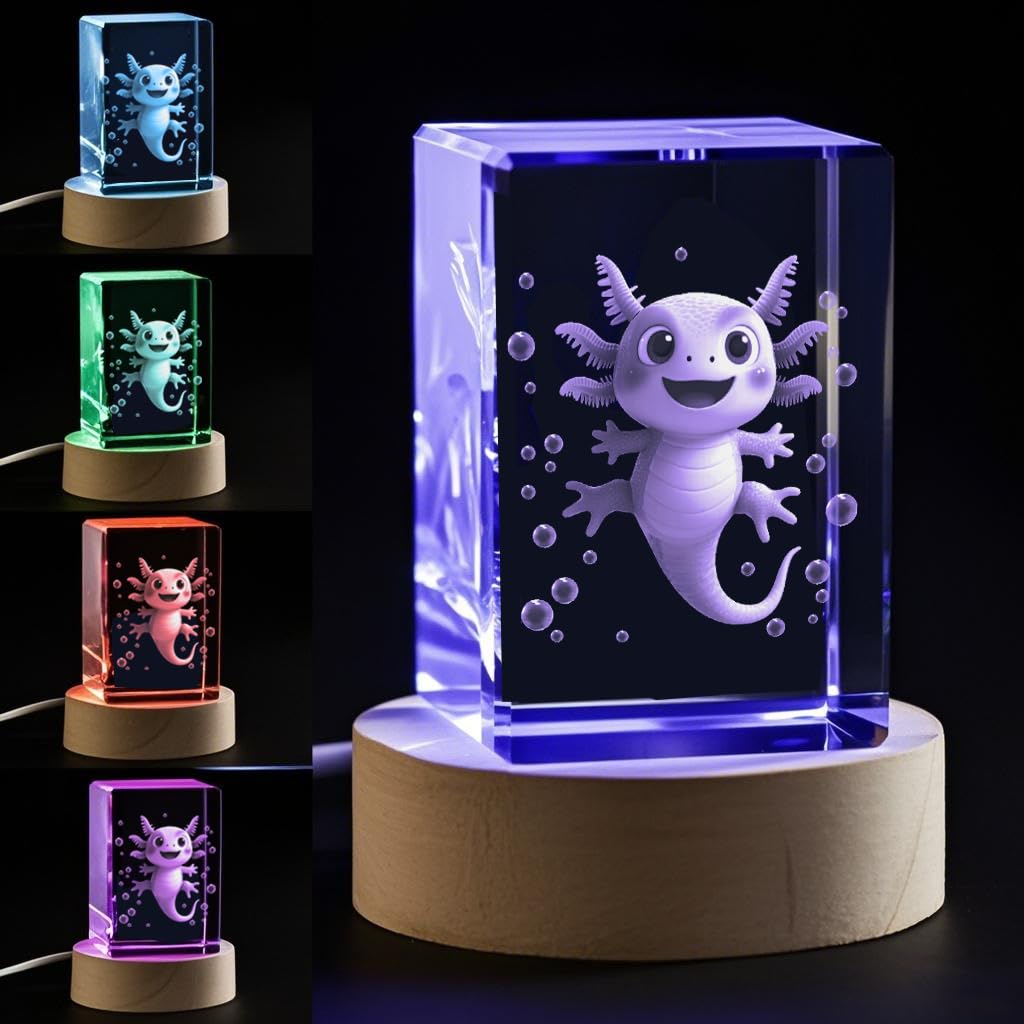 YouerCrystal 3D Axolotl Crystal Night Light for Kids, Emotional Support Gift for Animal Lovers Christmas Valentines Anniversary