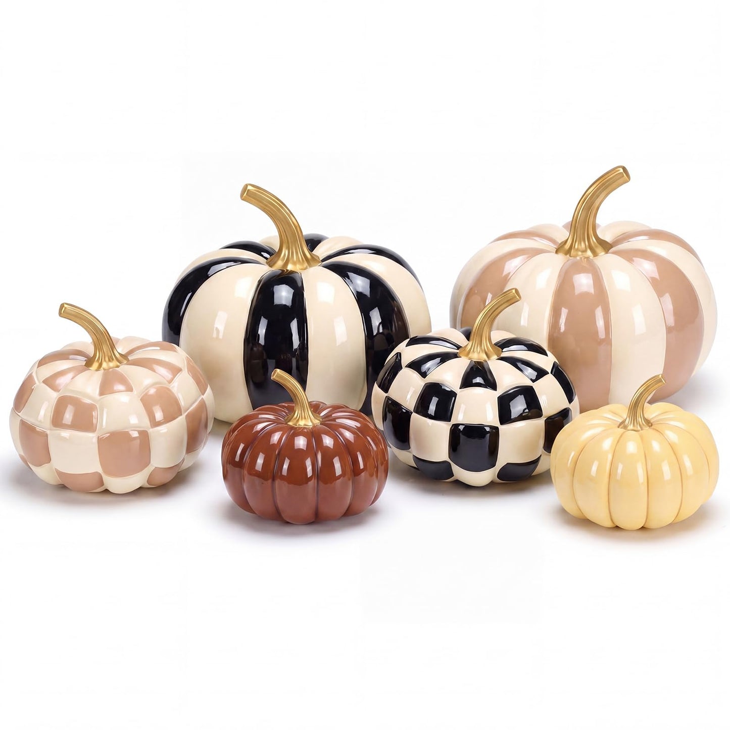 Pinkunn 6 Pcs Halloween Black and White Pumpkins Fall Decor White and Brown Yellow Checkered Striped Resin Pumpkin Decoration for Thanksgiving Autumn Farmhouse Porch Decorations Table Centerpieces