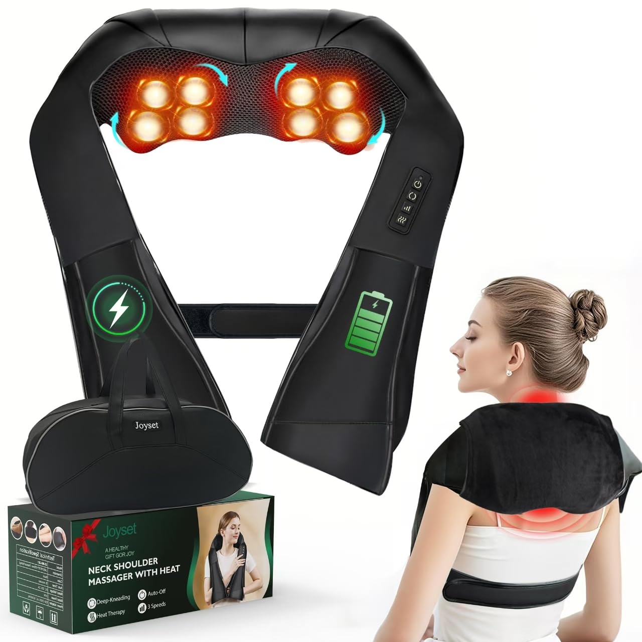 Joyset Shiatsu Neck and Back Massager with Heat,Electric Shoulder Massager for Pain Relief Deep Tissue,3D Kneading Massage with Cloth Cover Easy to Clean Best Gift for Men Women Parents