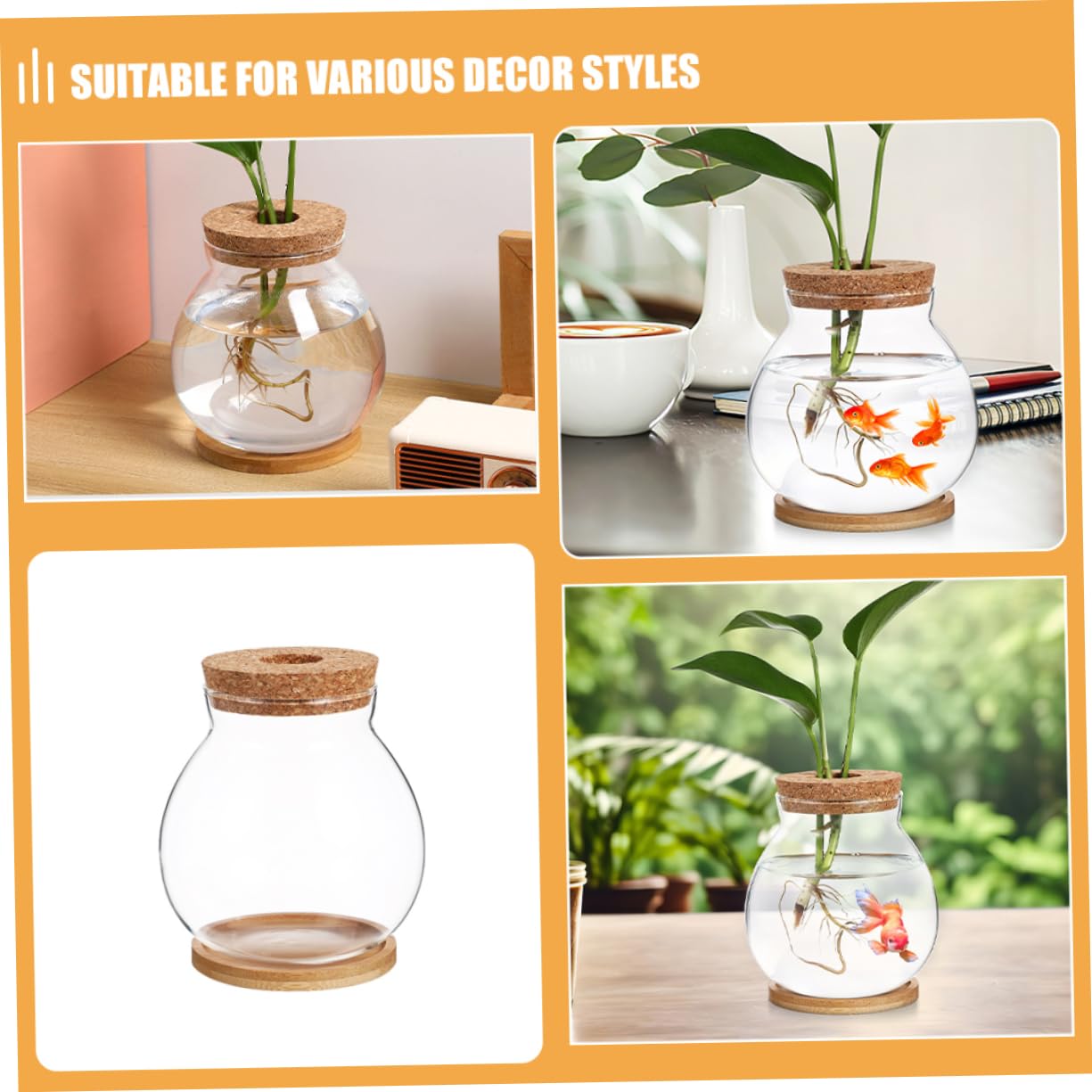 Kisangel Hydroponic Glass Vase Wooden Base for Indoor Plant Propagation Desktop Terrarium for Flower Arrangements and Root Growth Display