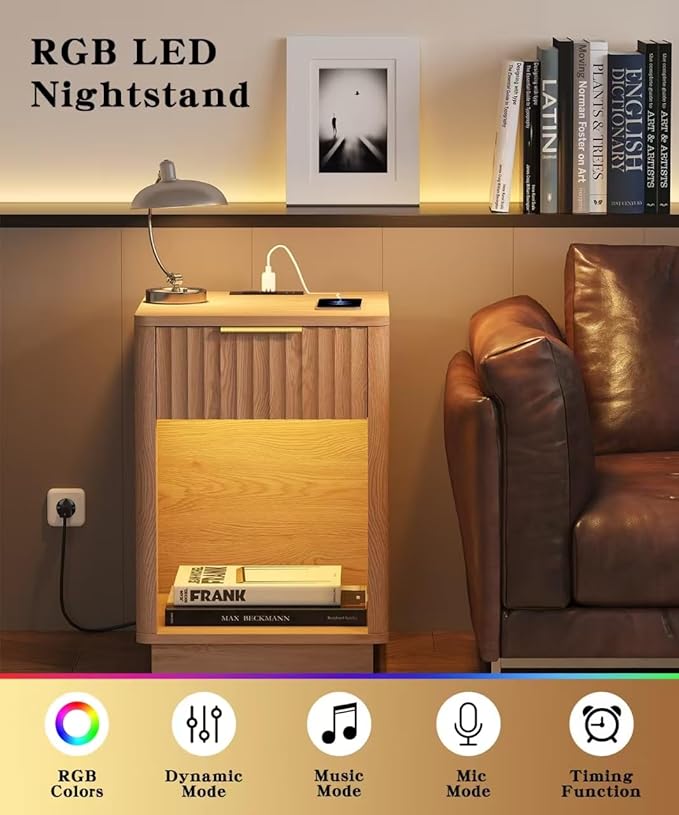 Akxomel Fluted Nightstands Set of 2, Wooden Night Stand