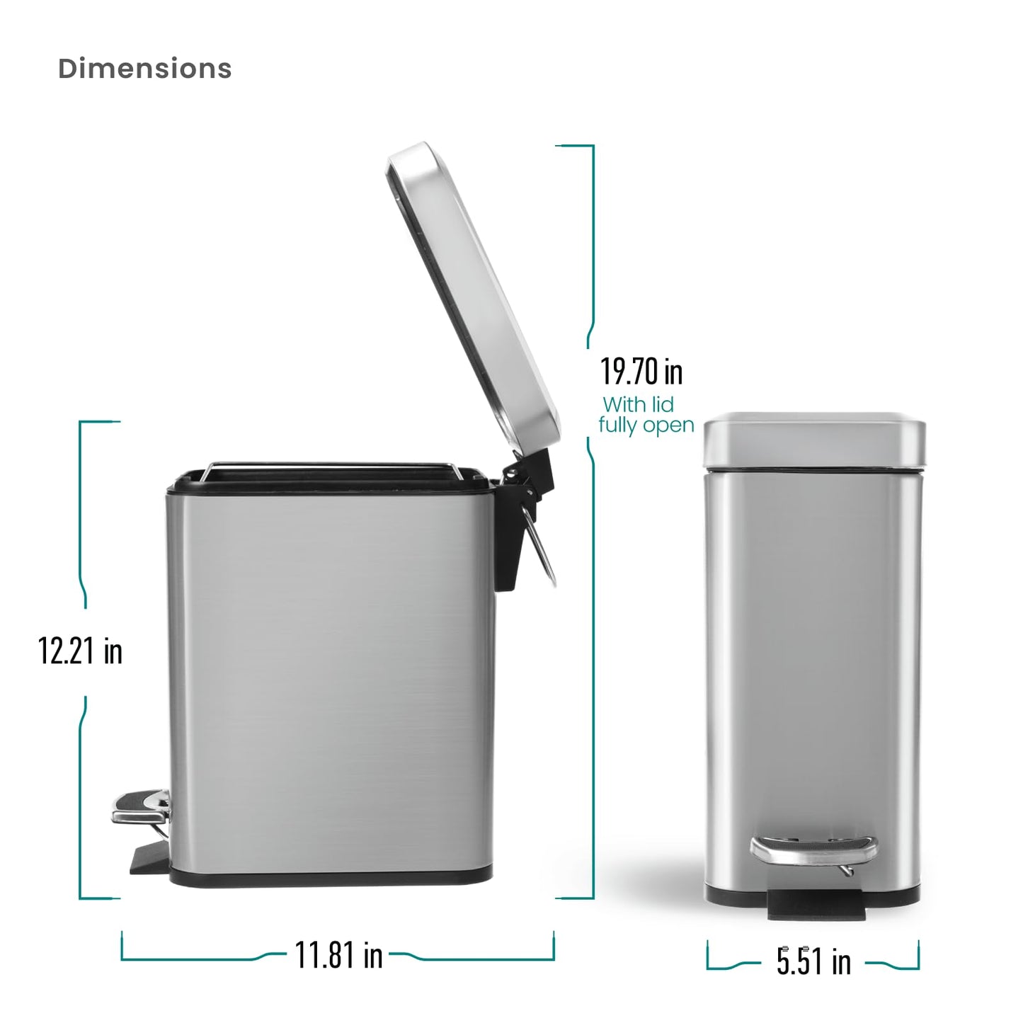 Home Zone Living 1.3 Gallon Small Bathroom Trash Can with Lid and Step Pedal, Stainless Steel Wastebasket with Slim Design for Home and Office, Silver, 5 Liters