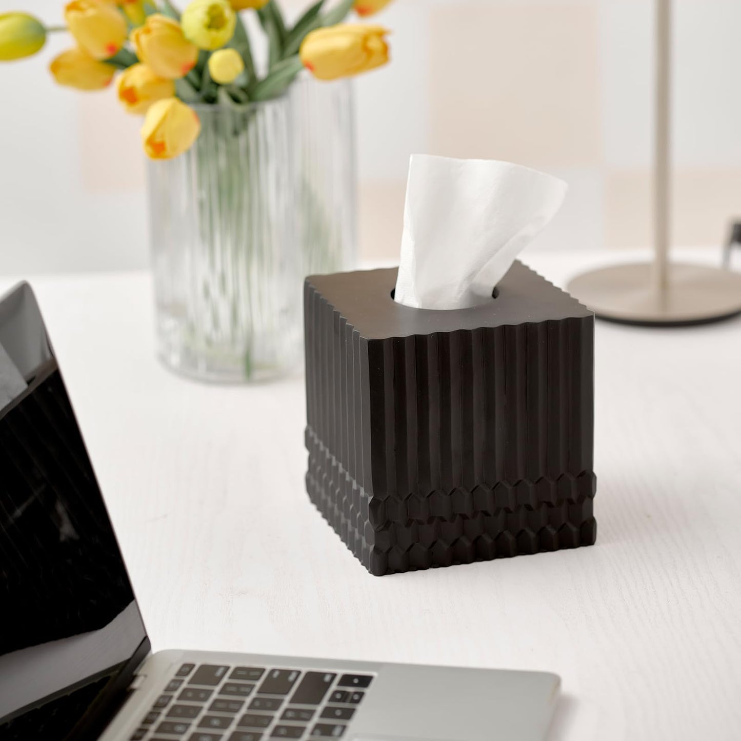 Black Tissue Box Cover Square, Tissue Box Holder for Bathroom Countertop,Vanity, Tabletop, Bedroom Night Stand,Office and Living Room Decorative - Modern Geometric Striped Tissue Paper Dispenser