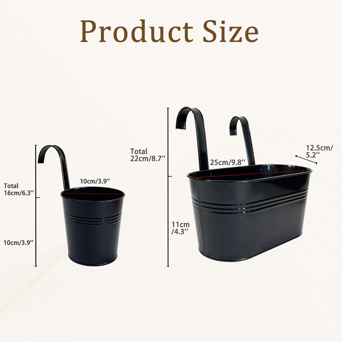 Joyfernal Pack of 4 Metal Hanging Planters for Outdoor Plants, 2 Pcs 4" Round Railing Planter & 2 Pcs 10" Oval Fence Flower Pots for Balcony Garden Decor, Black