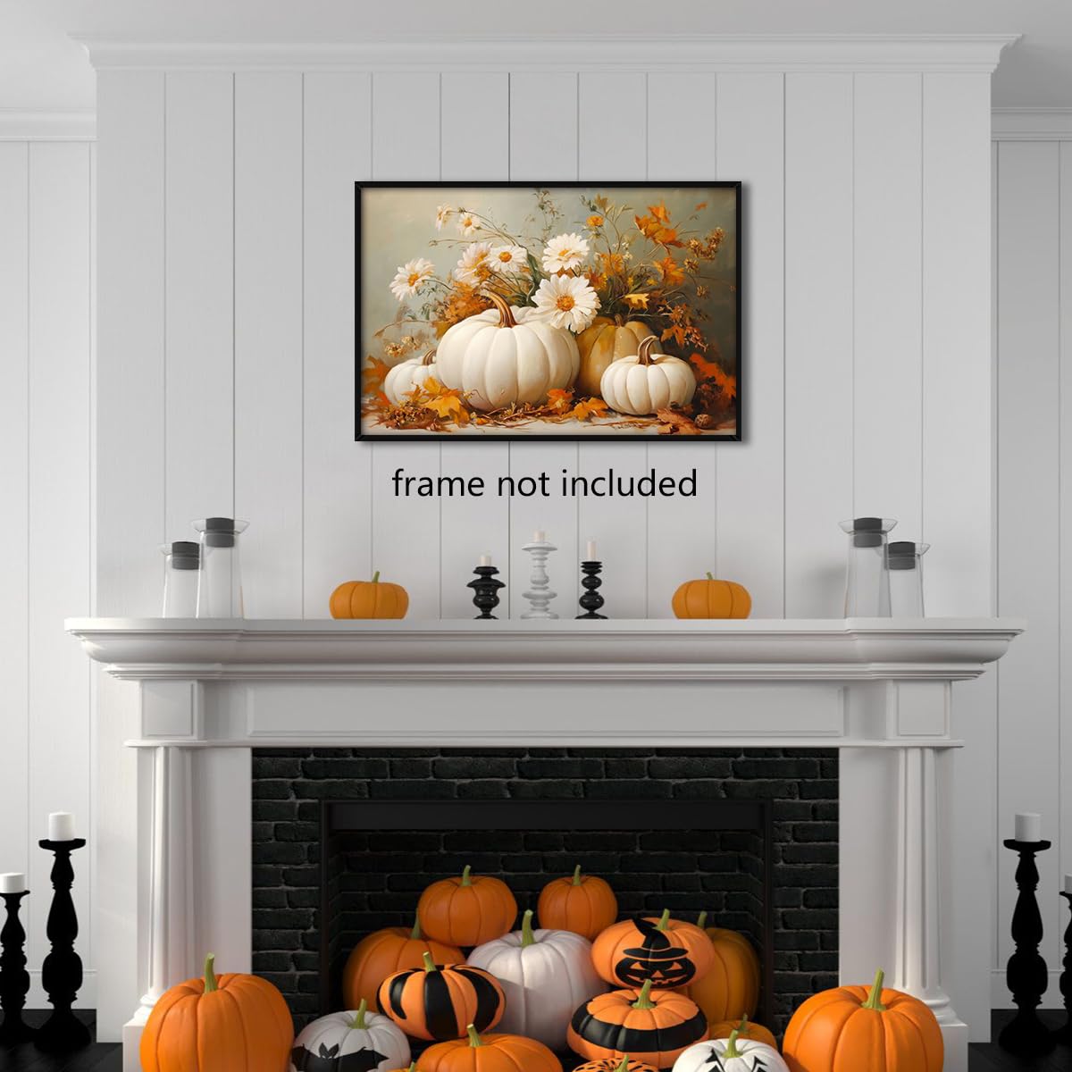 Farmhouse Autumn Pumpkin Canvas Wall Art, White Orange Pumpkins Still Life Painting Pictures, Rustic Farm Fall Daisy Flower Posters, Halloween Thanksgiving Autumn Wall Print Decor 16x24in Unframed