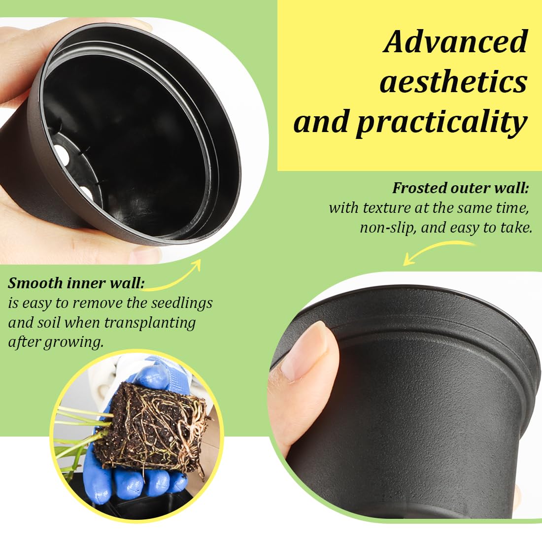 RooTrimmer 160 Pack 3 Inch Black Nursery Pots - Plastic Seedling, Seed Starter, Germination Pots with Drainage for Plants, Succulents, Flowers, Transplanting