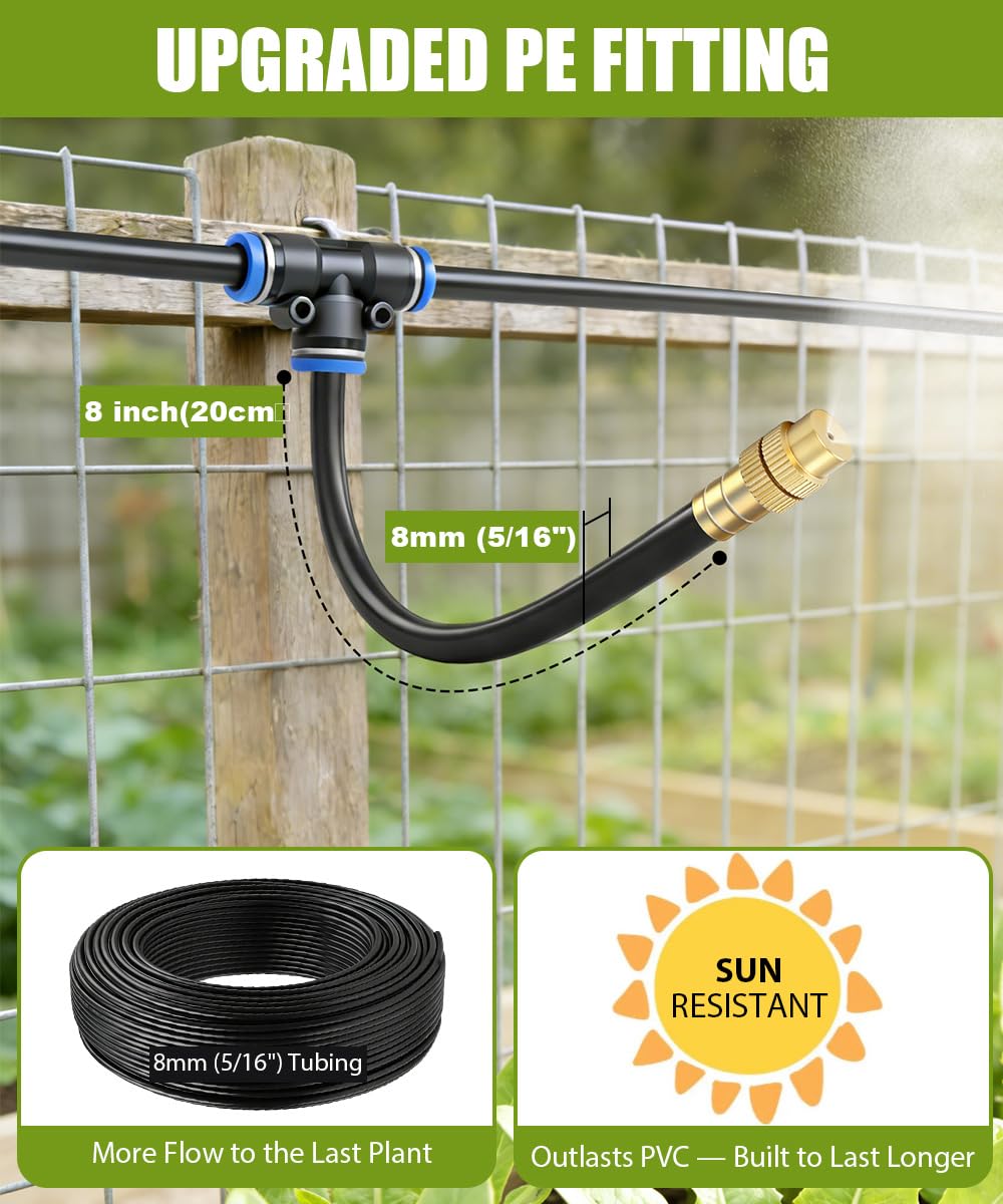80FT Easy-Snap Garden Irrigation System for Raised Beds & Greenhouses, Upgraded 8mm (5/16") High-Flow PE Tubing with 30 Bendable 360° Copper Nozzles, Quick-Connect Plant Watering Kit (Not 1/4" Tube)