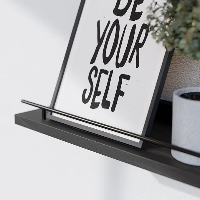 WOPITUES Floating Shelves with Black Metal Guardrail, Shelves
