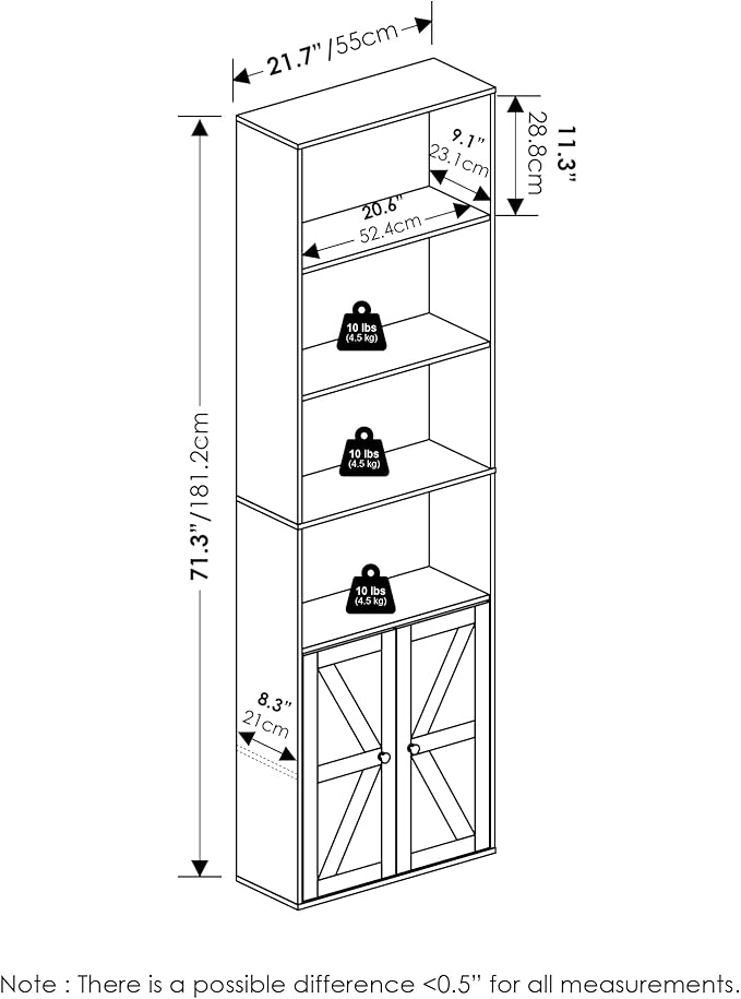 Furinno Jensen Book Shelf, 6-Tier Farmhouse Bookshelf, Display Bookcase