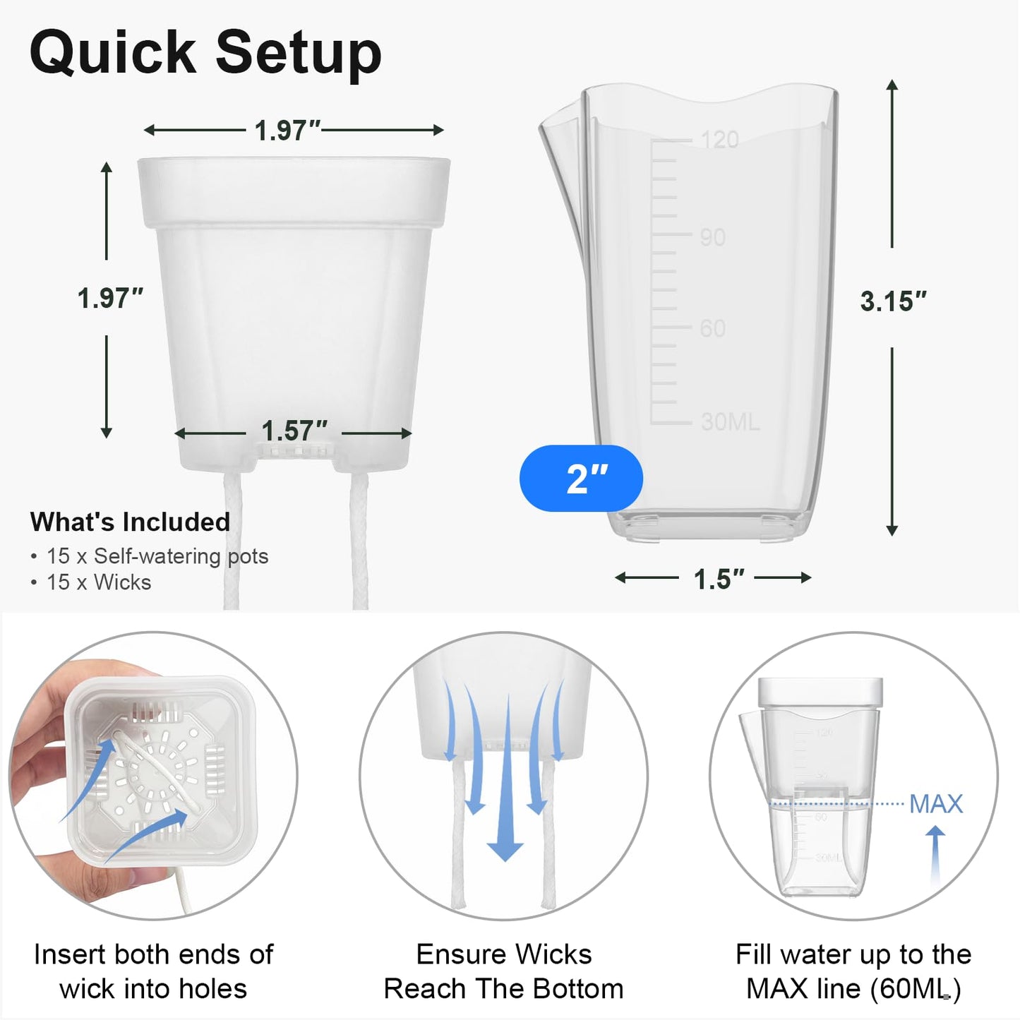 QCQHDU 15-Pack 2 Inch Mini Self Watering Pots for Indoor Plants, Semi Hydroponic Pots, Small Clear Plastic Planters, Drainage Hole, Water Level Indicator, African Violets, Alocasia, Cutting, Seeding