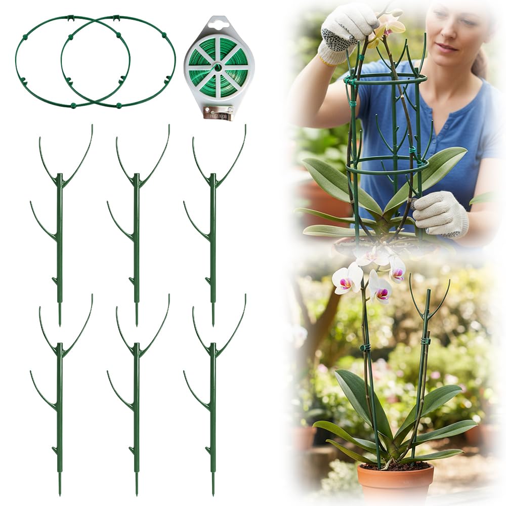 Plant Support Stakes, 6 Pack Plant Stakes for Indoor Plants, Stackable 2 Tier Durable Trellis Garden Poles for Outdoor Gardening, Plant Support Structures for Monstera Climbing Plants (Green-6Pack)