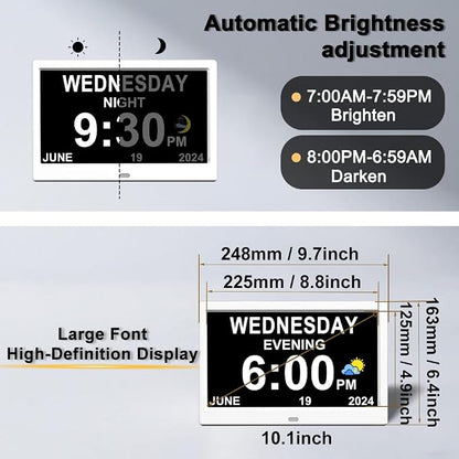 AINFTIME DST Clock with Day and Date for Elderly-3 Display Digital Calendar Alarm Day Dementia Alzheimers Clock with Extra Large Display (10.1 Inch White)