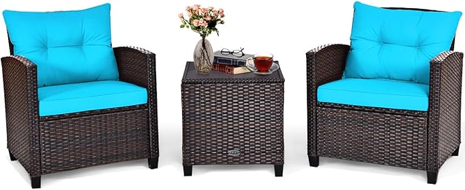 COSTWAY 3PCS Patio Furniture Set, PE Rattan Wicker Sofa w/Washable Cushion and