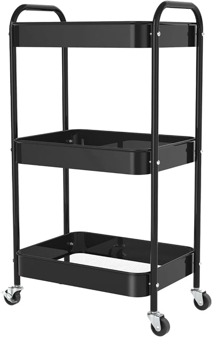 3-Tier Rolling Cart, Metal Utility Storage Carts with Wheels, Black | Multi-Functional Organizer Snack Cart Easy Assembly