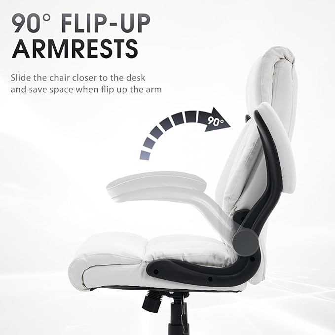 High Back Office Chair with Flip-up Armrests, Leather Comfy Desk Chair with