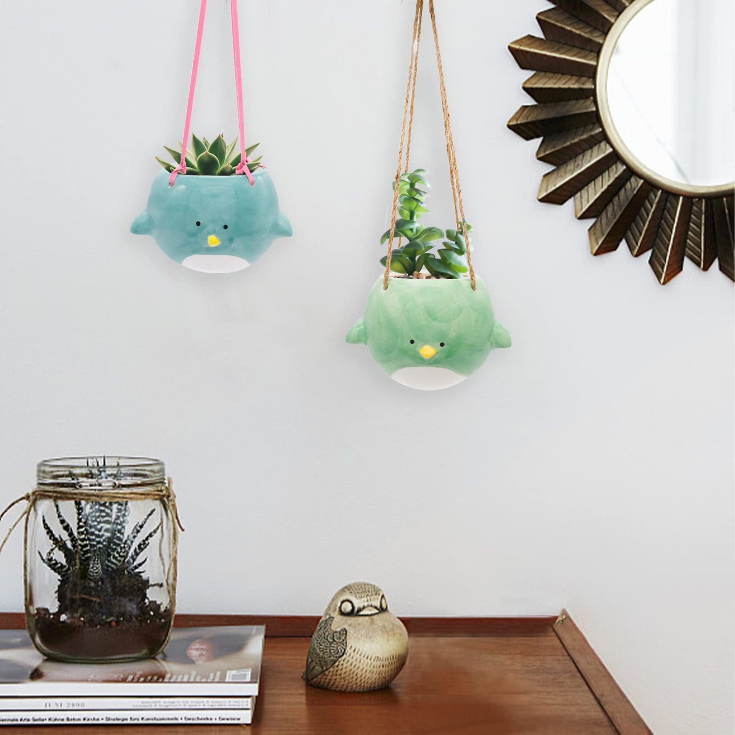 Song Qing Ceramic Flying Bird Hanging Planter for Indoor Outdoor Decor Cute Animal Hanging Plant Holder Flower Pot for Succulents Herbs & Small Plants Garden Bonsai with Drainage Hole Gifts for Women