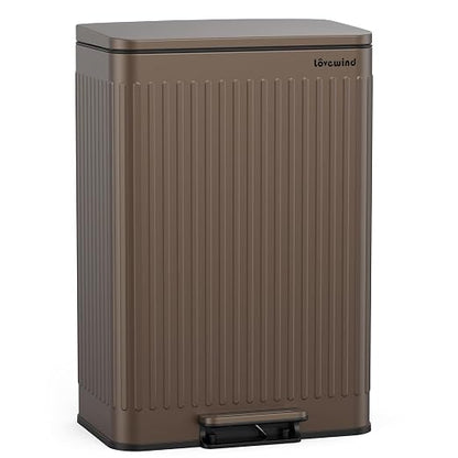 Lovewind 60 Liter/ 16 Gallon Stainless Steel Trash Can with Soft-Close Lid, Large Footstep Garbage Can with Roman Texture, Removable Inner Buckets, Recycling Bin for Kitchen Office, Brown
