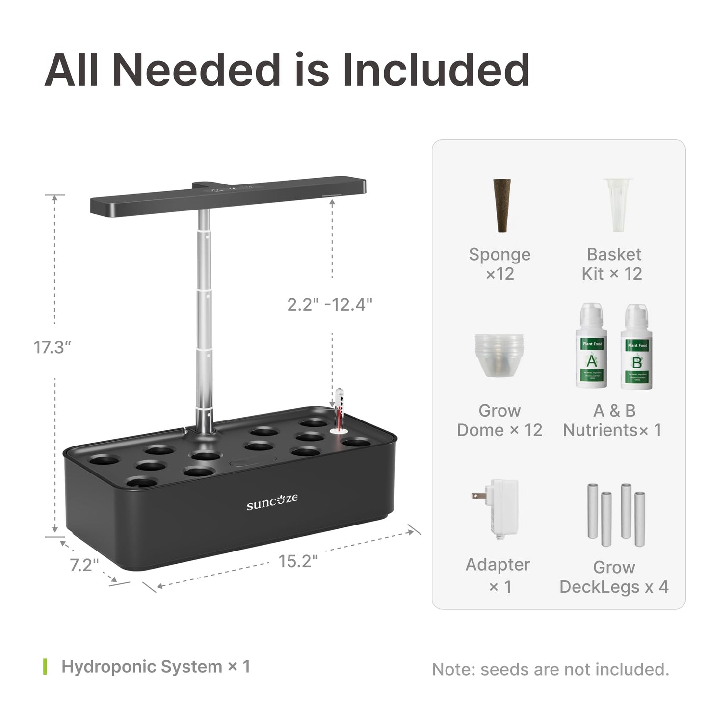 SUNCOZE Hydroponics Growing System Kit 12 Pods, 24W LED Grow Light Indoor Garden, 4L Water Tank with Quiet Pump, Adjustable Height Herb Garden Planter Indoor Kit, Gardening Gifts, Black