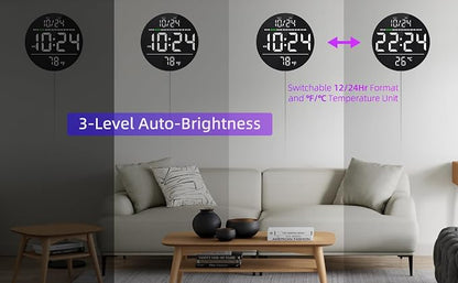 Digital Wall Clock with Large LED Display, Date, Temperature, Auto-Brightness | Small [PLUG-IN] Clock | Modern Electric Wall Clock for Bedroom, Classroom, Living Room, Home, Office, Farmhouse – White