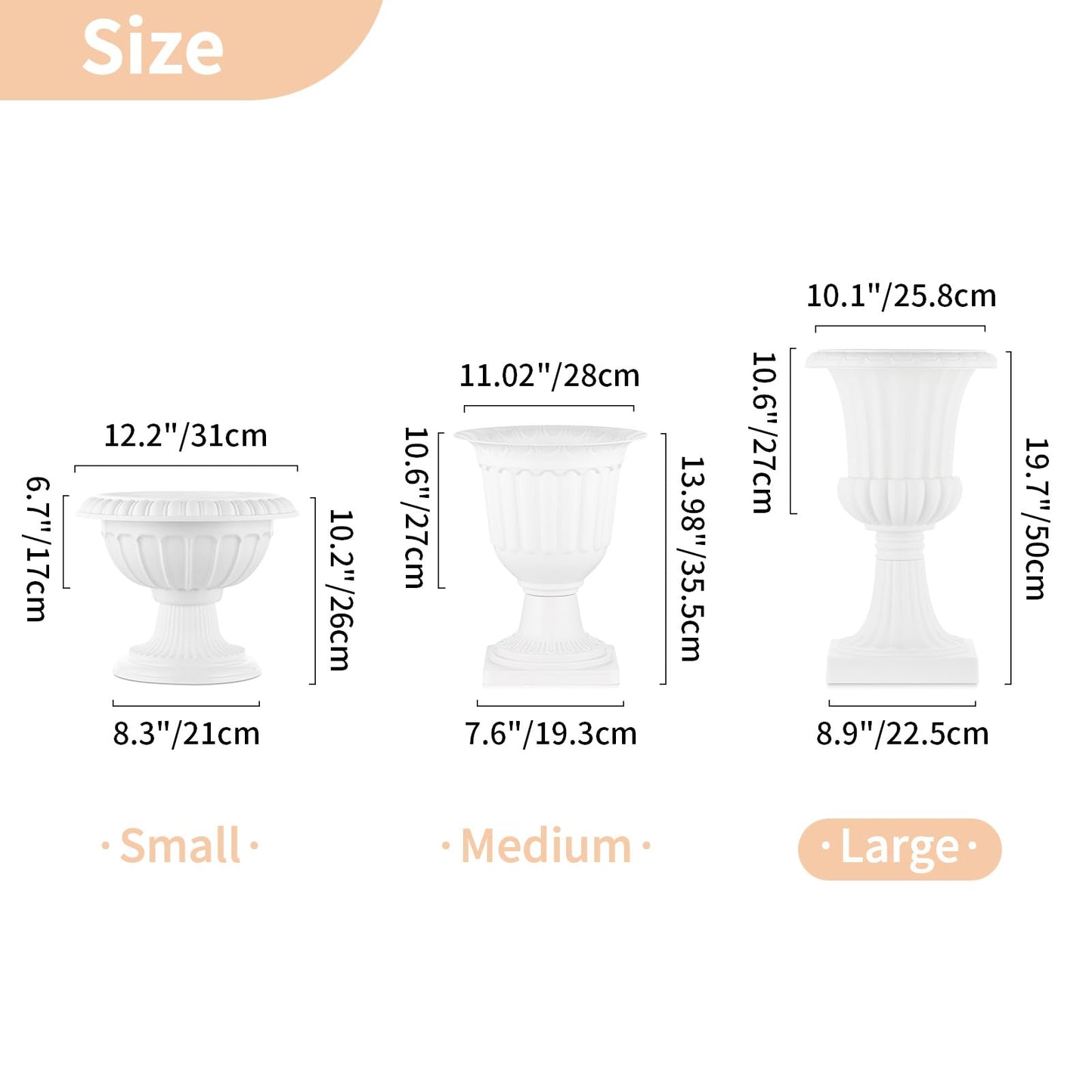 NUPTIO Plastic Urn Planters White - 6 Pcs 19.7 Inch Tall Large Urns Planter Outdoor for Plants - Garden Classic Flower Vase Plant Pots - Porch Front Pedestal Pot Resin Grecian Vases