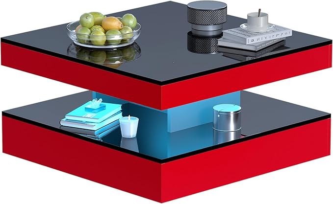 HedoAjim Red LED Coffee Table for Living Room, Living Room Table 2-Tier Square