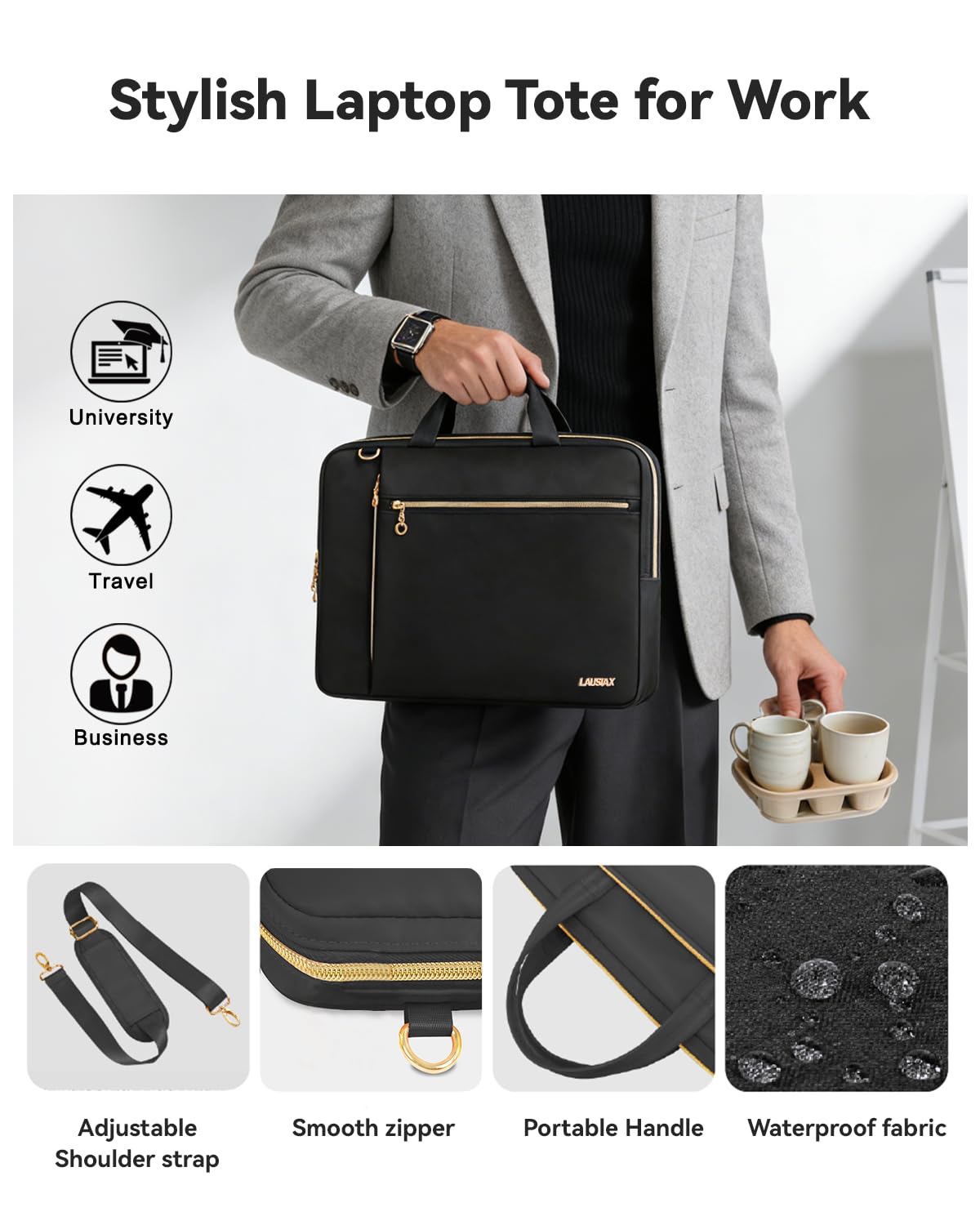 Lausiax 15.6 16 Inch Laptop Bag Case for Women Men Compatible with MacBook Pro M5/HP OmniBook Omen Envy/Dell Pro Inspiron/Lenovo Yoga IdealPad, Messenger Carrying Briefcase Computer Bag Case, Black