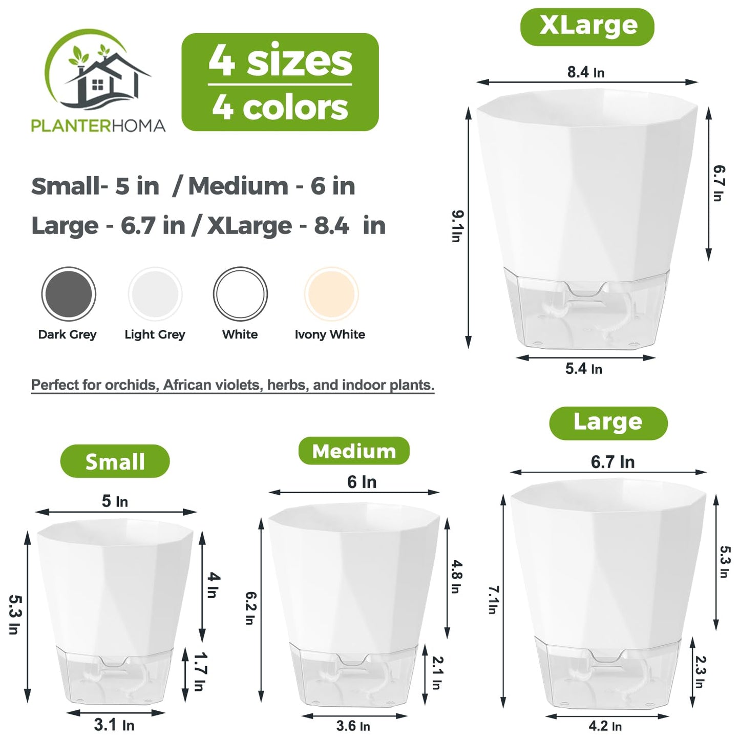 2 Pack Self Watering Pots for Indoor Plants, 8.4 Inches Self Watering Planters Large African Violet Self Watering Clear Pots for Plants Large Herb Orchid Flower Houseplant Pots, White