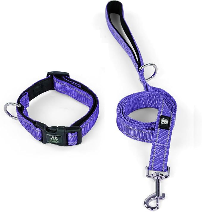IVY&LANE Reflective Dog Collar and Leash Set,Adjustable Neoprene Padded Dog Collars for Puppy, Breathable Nylon Pet Collar for Small Medium Large Dogs (Large,Purple)