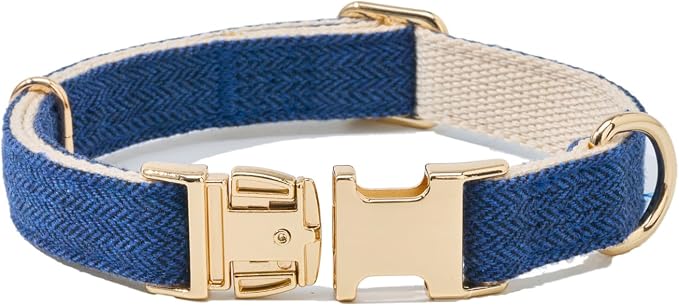 Soft Cotton Hemp Dog Collar with Metal Buckle Adjustable Tweed Dog Collars for Small Medium Large Dogs(Royal Blue,Medium)