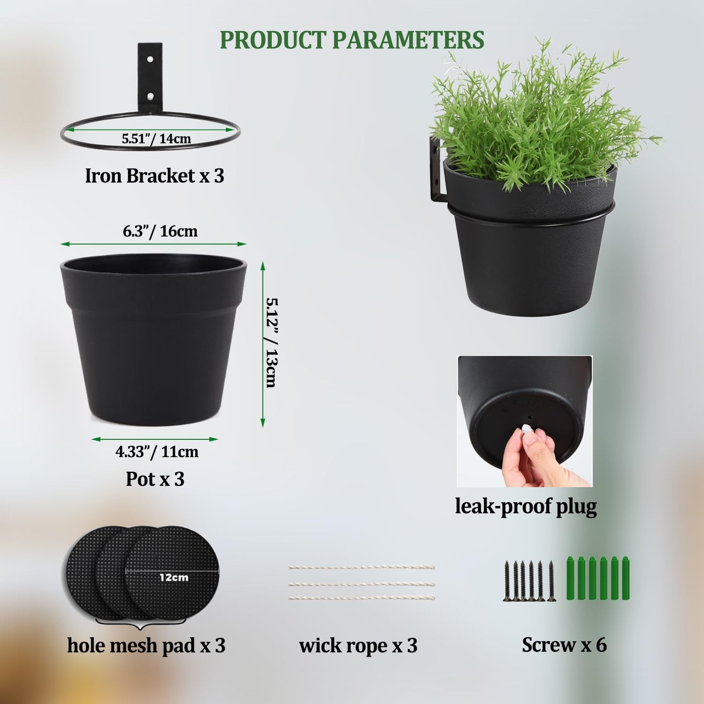 CAIJUDONG 3 Pack Wall Hanging Planters Indoor Outdoor 6.3 Inch Self-Watering Flower Pots with Leak-Proof Drainage Iron Brackets Hanging Basket Room Garden Decor(Black)