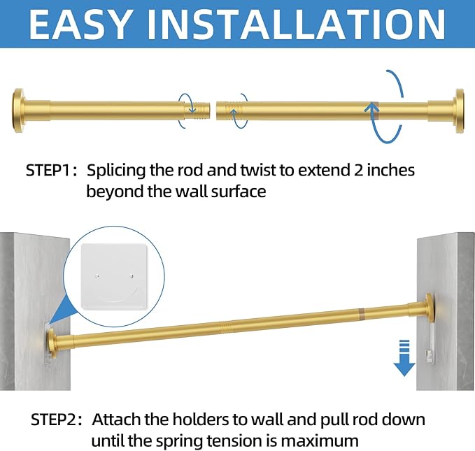 CorkLatta Gold Shower Curtain Rod,1 Inch Diameter Stainless Steel Adjustable Spring Tension Rods 32 to 68",with Holders,Anti-Slip,Curtain Rods No Drilling(1 Pack)