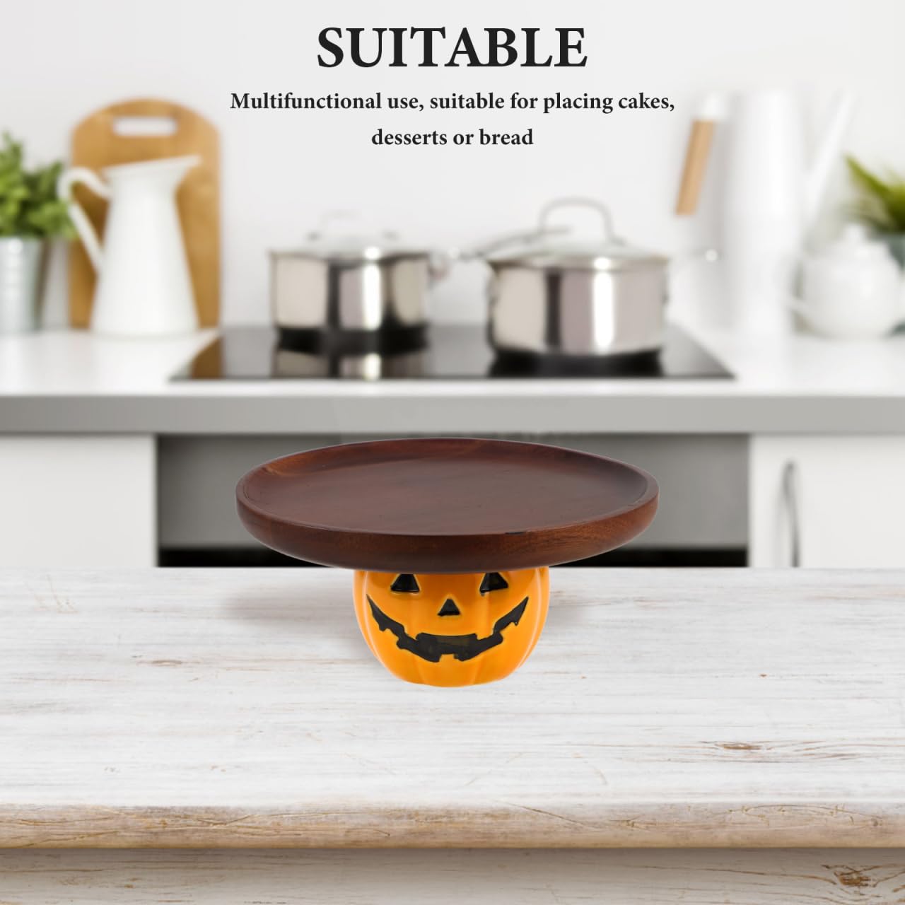 STOBAZA Halloween Pumpkin Serving Tray Rustic Wooden Dessert Platter with Ceramic Stand for Party Snacks Bread Candy Display 8.46X8.46X3.94 Inches