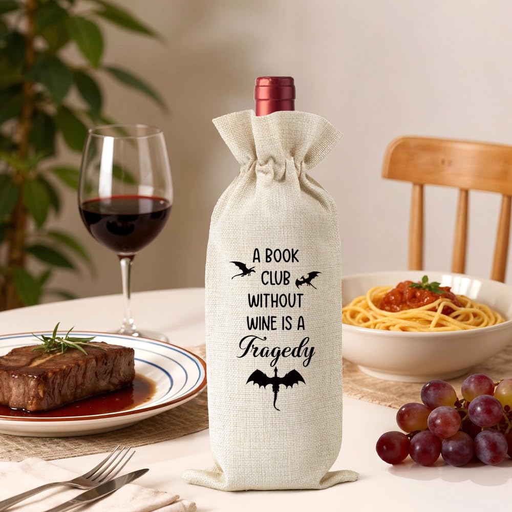 WHTYEFZ Book Club Without Wine Is A Tragedy Wine Gift Bag, Funny Book Lover Gifts for Women Men Friend Librarian Teacher Reader Hostess, Book Club Party Decor Reusable Bottle Tote for 750ml Wine