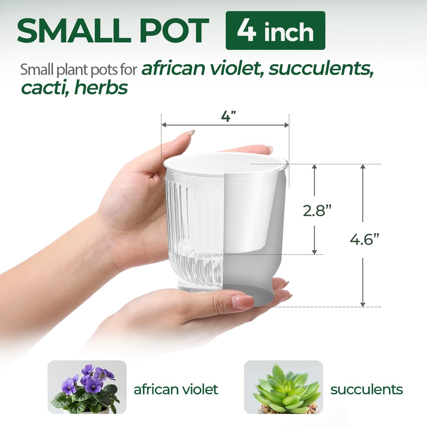 T4U 4 Inch Self Watering Plant Pot, 4 Pack Self Watering Pots, Self Watering Planter with Reservoir, Clear Self Watering Pots for Indoor Plants, African Violets, Flowers (4 Pack, 4", Clear)
