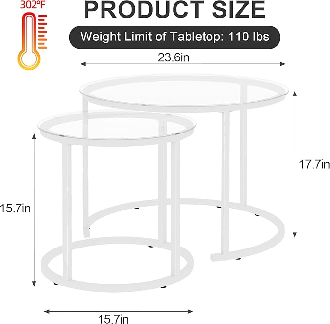 aboxoo White Nesting Glass Table Set of 2, Small Glass Round Nesting Tables