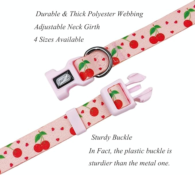 Dog Collar Leash Set, Fruit Pattern, Polyester Material, Adjustable Collar and 5ft Matching Leash, for Puppy Dogs.(XS, Pink Cherry)