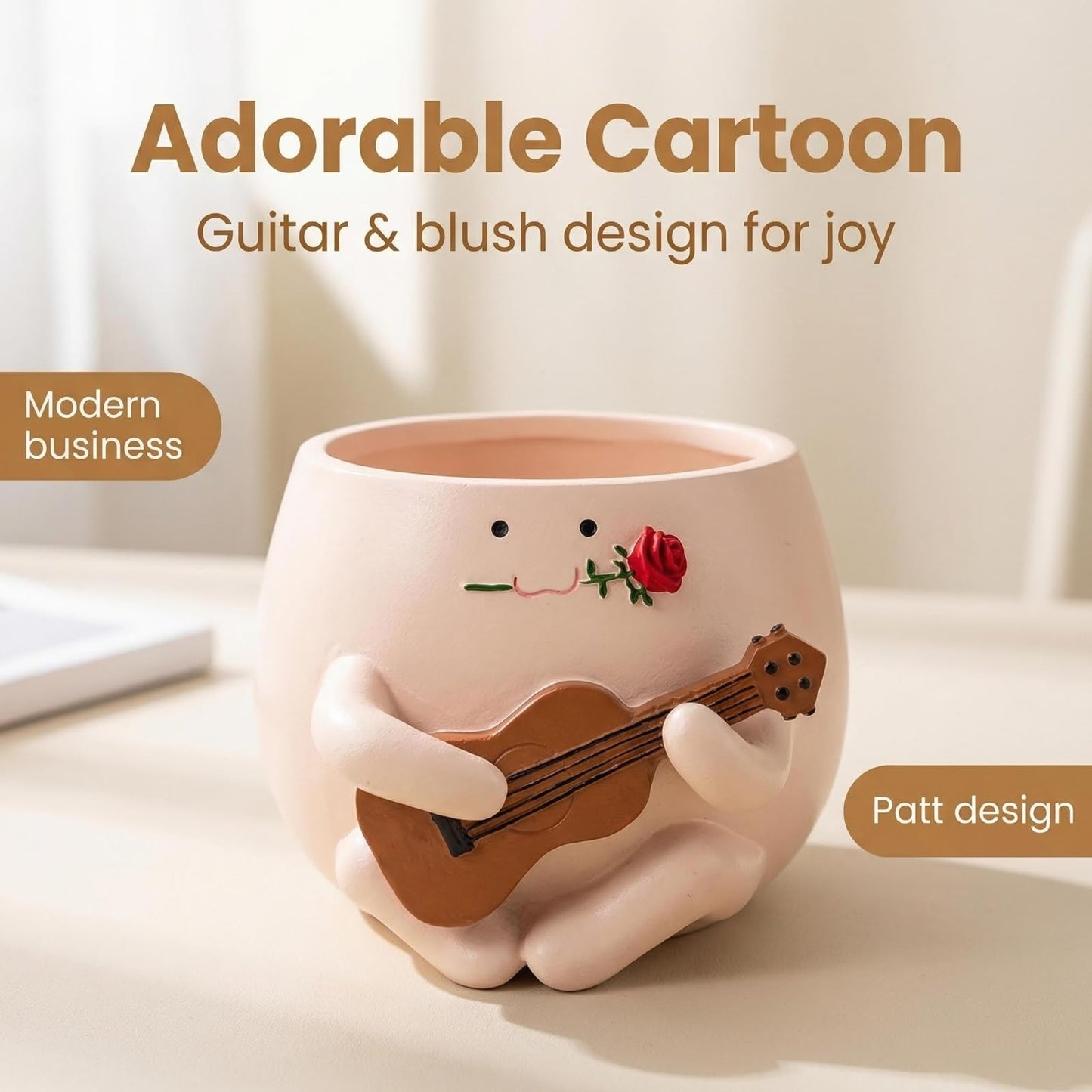 TEARS OF GAIA Lovely Face Planter Pot, Cute Resin Flower Head Planters with Drainage, for Mom, Funny Succulent Plant Lover Gift, Unique Gift Ideal for Plant Lovers (Guitar Baby)