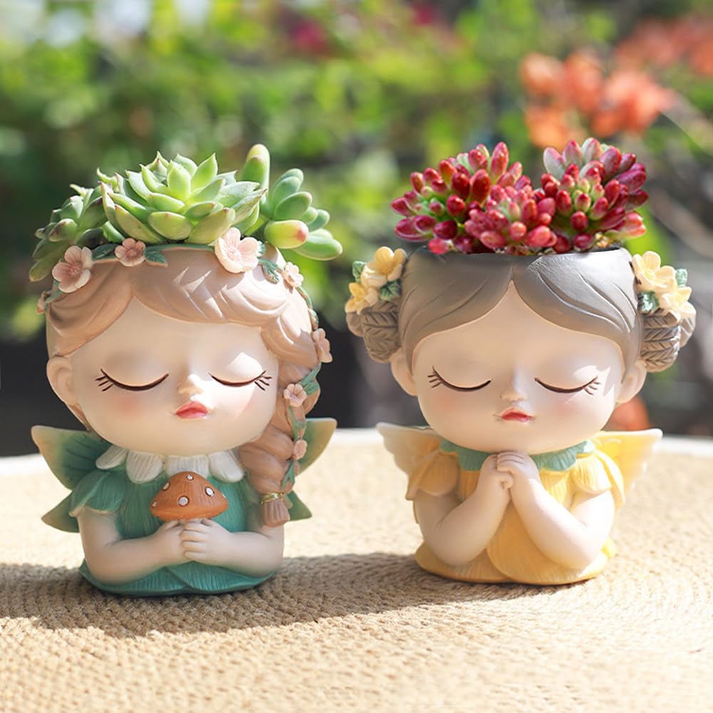 Argofox Small Angel Girl face Succulent Plant Pot 2 Pack with Drainage Hole Indoor Unique Cute Flower Vases Decor with Girl Face Planter Chic Gardening Lover Gifts Idea