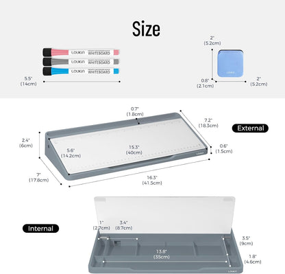 LOUKIN Glass Desktop Whiteboard, 15.3" x 5.6" Dry Erase Desk Board with Dotted and Graduated Surface, Desktop Buddy, Great for Design and Drawing, 3 Markers and 1 Dry Erase Eraser Included (Grey)