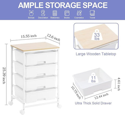 SYKIARIOL Utility Cart with 4 Drawers, Multipurpose Rolling Storage Cart with 4 Drawers and 2 Lockable Wheels, 4-Tier Rolling Storage Cart Organizer for Home Office Dorm, Bright White