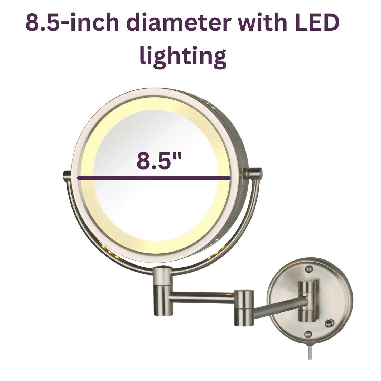 JERDON Wall-Mounted Makeup Mirror with LED Lighting - Direct Wire Lighted Makeup Mirror with 8X Magnification & Nickel Finish Wall Mount - Model HL75ND