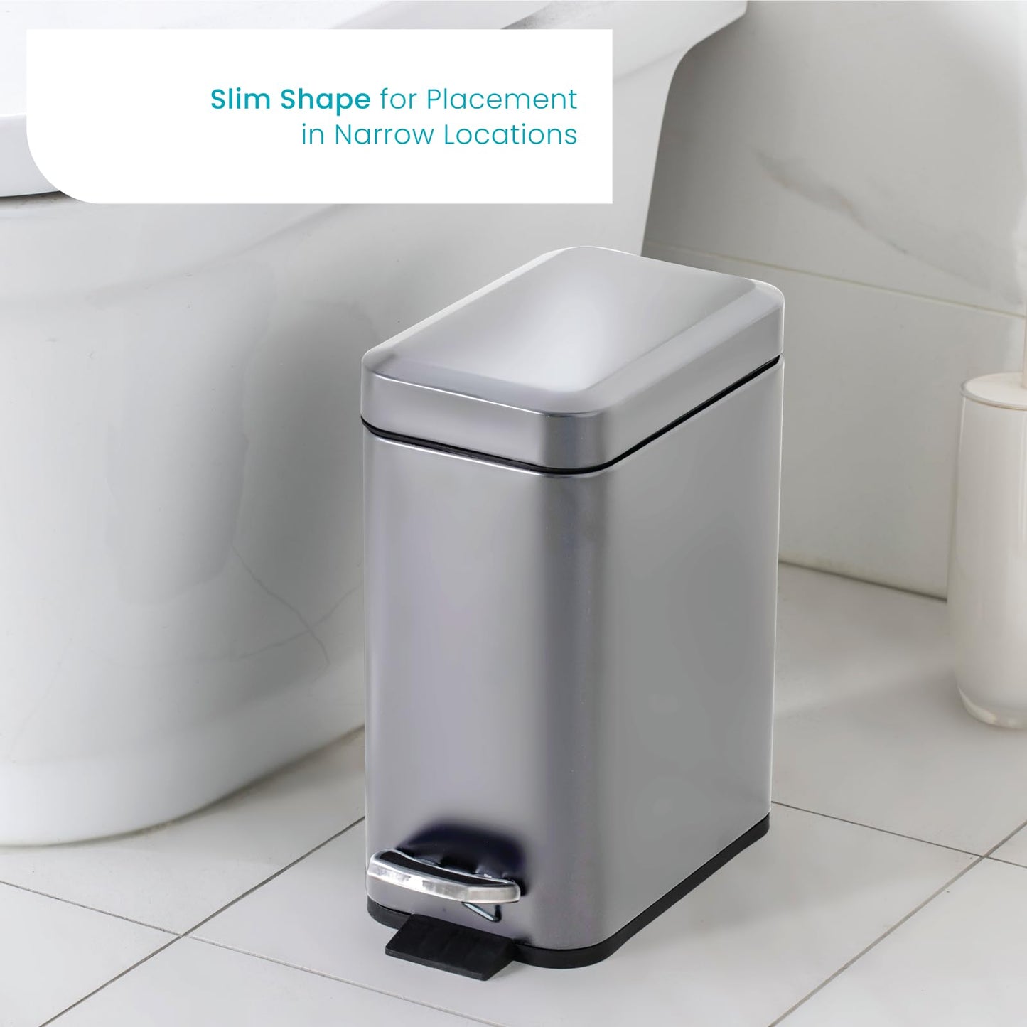 Home Zone Living 1.3 Gallon Small Bathroom Trash Can with Lid and Step Pedal, Stainless Steel Wastebasket with Slim Design for Home and Office, Silver, 5 Liters