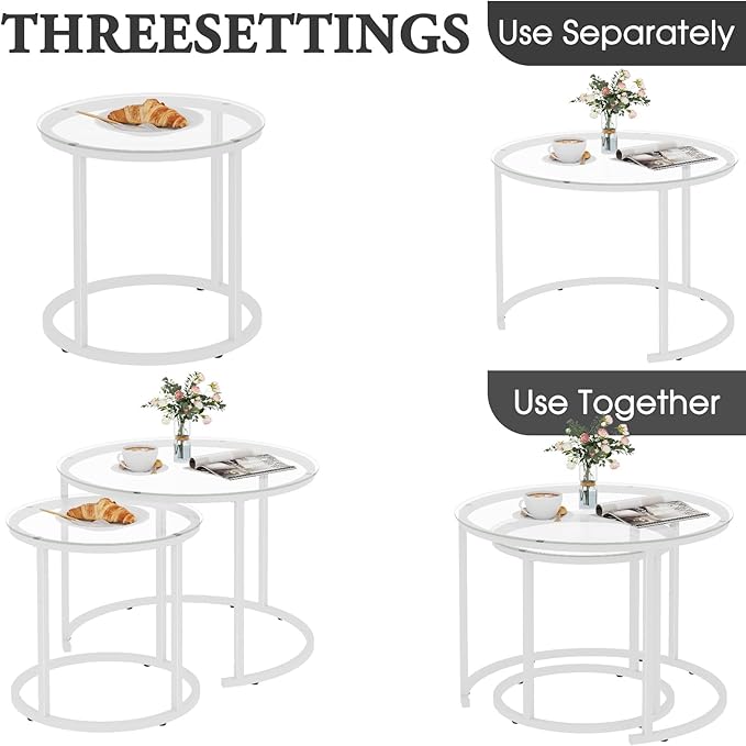 aboxoo White Nesting Glass Table Set of 2, Small Glass Round Nesting Tables
