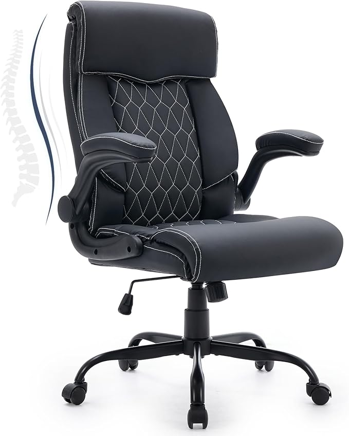 High Back Office Chair with Flip-up Armrests, Leather Comfy Desk Chair with