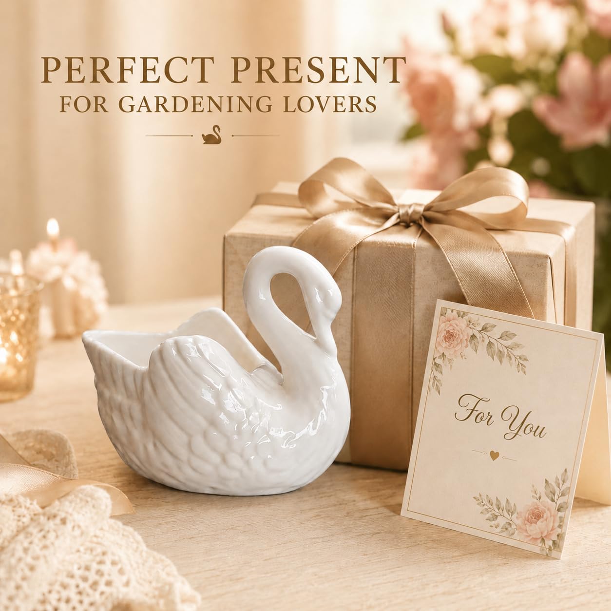 VANZACK Elegant White Ceramic Swan Planter 4.4in Decorative Succulent Flower Pot Swan Vase, Ceramic Swan Decor and Candle Holder for Home Office Gardening